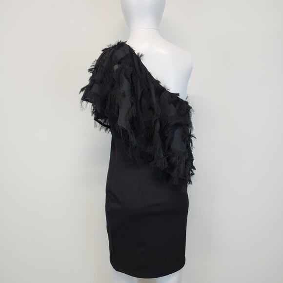 TCEC Asymmetric One Shoulder Black Dress Size S Fringe Evening New Years Party - Picture 3 of 16